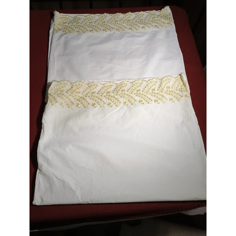 Pair of standard pillowcases cotton yellow eyelet embroidered cottagecore shabby